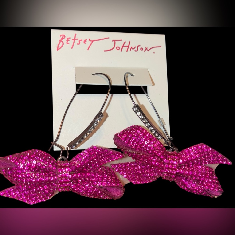 BETSEY JOHNSON SET Pink Pavé & Crystals Statement Bow Necklace & Earrings NWT - Picture 13 of 15